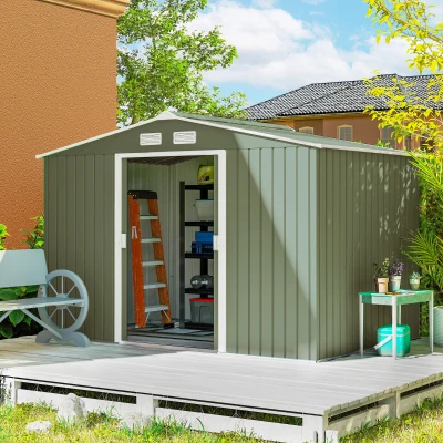 Outsunny Cobertizo de Jardín 4,9 m² 277x195x192 cm con 2 Puertas Corredizas Base Refuerzo (Suelo NO Incluido) Verde Claro