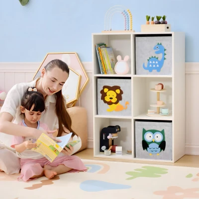 ZONEKIZ Librería para Niños de +3 Años con 6 Compartimientos y 3 Cajones de Tela no Tejida 61,8x29,9x91,5 cm Blanco y Gris