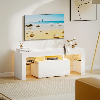 HOMCOM TV-Möbel, TV-Ständer mit RGB-LED-Beleuchtung, Hochglanz, gehärtete Glasregale, 120x34x45cm, Weiß