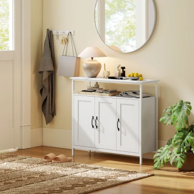 HOMCOM Aparador para Sala de Estar com 3 Portas e Compartimento Aberto e Prateleiras Ajustáveis 100x35x88 cm Branco