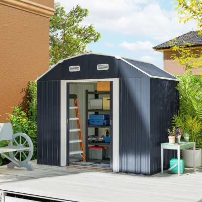 Outsunny Caseta de Exterior Metálica 2,7 m² 238x132x198,5 cm con Base Estantes Ajustables 2 Puertas Corredizas y 2 Ventanas Gris