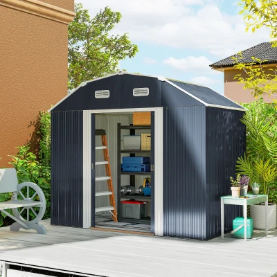 Outsunny Caseta de Exterior Metálica 2,7 m² 238x132x198,5 cm con Base Estantes Ajustables 2 Puertas Corredizas y 2 Ventanas Gris