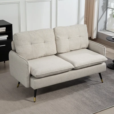 HOMCOM Sofá de 2 Lugares Moderno Estofado em Poliéster com 4 Almofadas Apoio para os Braços e Pés de Aço 139x68x80 cm Creme