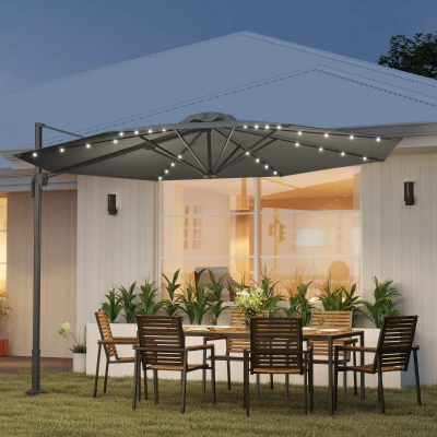 Outsunny 3m Cantilever Parasol with Crank & LED Light Dark Grey
