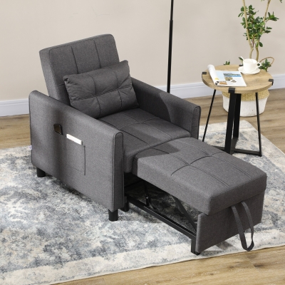 HOMCOM Sillón convertible 1 plaza 3 en 1 respaldo ajustable en 3 posiciones cojín incluido 2 bolsillos laterales 69x82x85cm gris