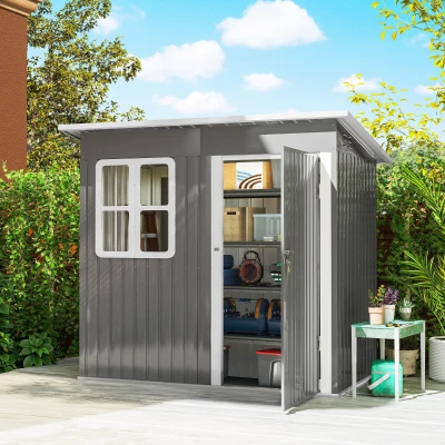 Outsunny Gartenschuppen, Gartenhaus mit Fenster, verschließbare Tür, für Garten, Terrasse, Stahl, 221L x 133B x 190H cm, Grau