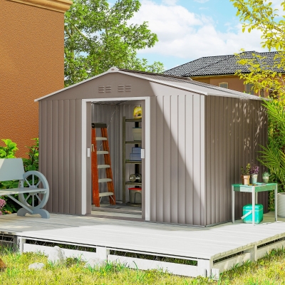 Outsunny Cobertizo de Jardín 4,9 m² 277x195x192 cm con 2 Puertas Correderas Techo de Fibra de Vidrio y 4 Ventanas Gris Claro
