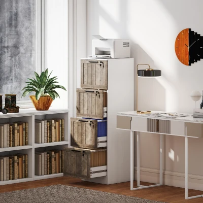HOMCOM Cajonera de Escritorio con 4 Cajones Cerradura 2 Llaves Barras Colgantes para A4 Carta 39,4x40x129 cm Blanco y Madera