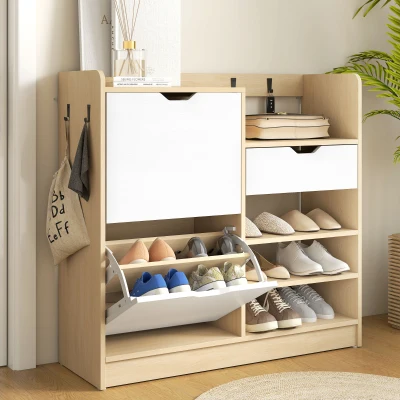 HOMCOM Schuhregal für Flur, Schuhschrank mit Kippschubladen, offenen Regalen, 4 Haken, für bis zu 14 Paar Schuhe, Natur