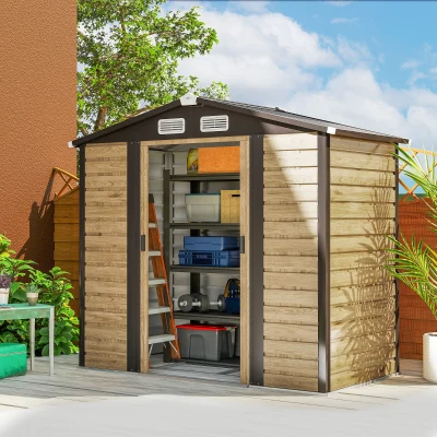 Outsunny Cobertizo Metálico para Jardín 213x120x166/194 cm con Base Refuerzo Puertas Correderas y Ventilaciones Roble
