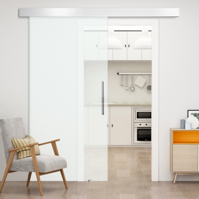 HOMCOM Puerta Corredera de Cristal Satinado 102,5x205 cm Puerta Corrediza con Riel Tirador y Cristal de Seguridad Translúcido