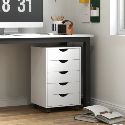 HOMCOM Commode 5 Tiroirs avec Roues et Freins Blanc