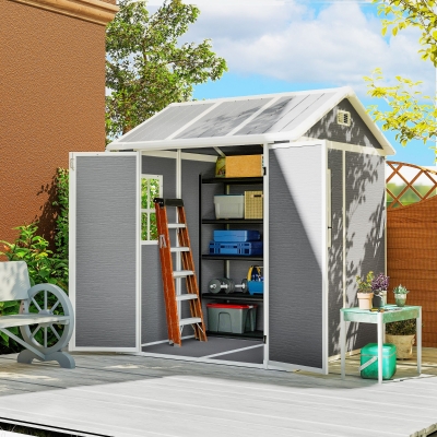 Outsunny Caseta de jardín, Cobertizo para herramientas con ventana, puerta con cerradura, plástico, Gris
