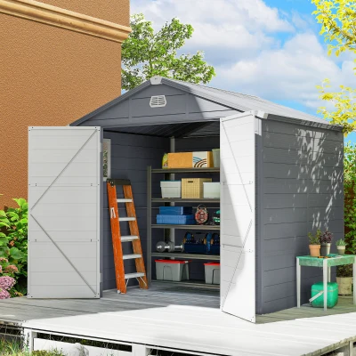 Outsunny 4 x 3ft Plastic Garden Storage Shed - Foundation Kit Included, Polypropylene Outdoor Storage Tool House with Ventilation Slots and Lockable Door, Grey