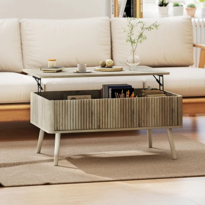 HOMCOM Mesa de Centro Elevable con Compartimentos Ocultos de Almacenaje y Patas de Pino para Salón Comedor 91x56x43 cm Roble