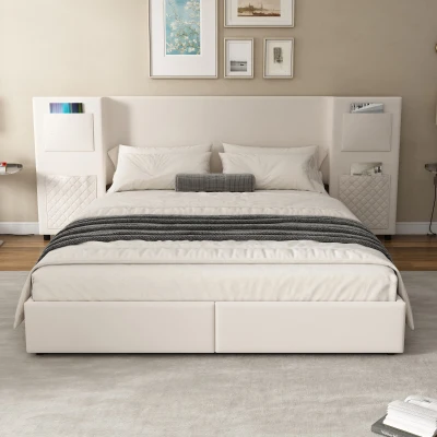 Upholstered Double Bed with Storage Drawers and Headboard Pockets, Beige