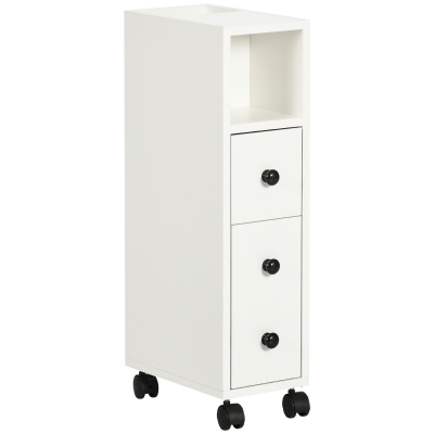 kleankin Badschrank Badezimmerschrank Badregal Kommode Standschrank zwei Schubfächer offenes Fach vier Räder Spanplatte Weiß 18x30x68,5 cm