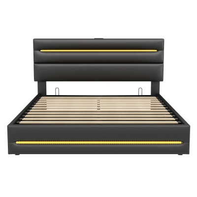 King Upholstered Bed Frame with Hydraulic Storage and LED Lighting, Black