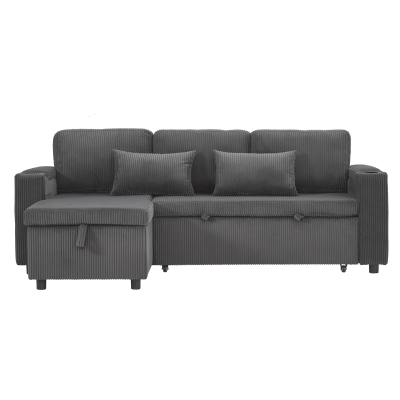 3-in-1 Convertible Corduroy Sofa Bed with Chaise and Charging Station, Grey