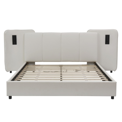 Upholstered Double Bed with Charging Port and Lighting, Beige
