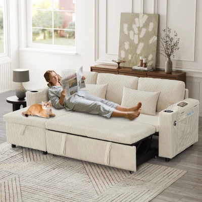 3-in-1 Convertible Corduroy Sofa Bed with Storage and Charging Station, Beige