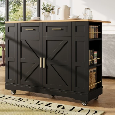 Elegant Kitchen Island Trolley with Wheels, Black