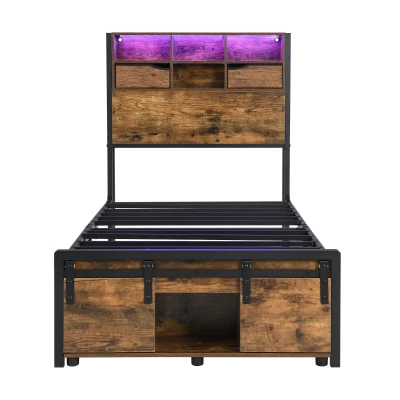 Modern Metal Single Bed with LED Lights and Charging Ports, Black+Natural