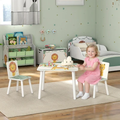 AIYAPLAY Mesa e Cadeiras para Crianças de 3 Peças Mesa Infantil com 2 Cadeiras em Madeira com Desenhos de Leões Verde