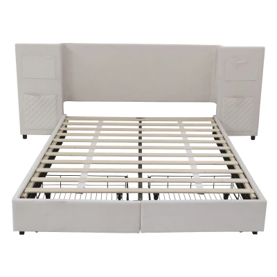 Upholstered Double Bed with Storage Drawers and Headboard Pockets, Beige