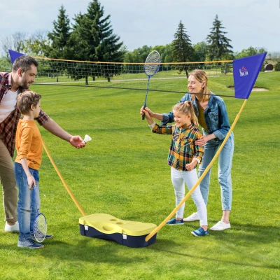 HOMCOM Badminton Netz mit Stand, Badminton-Netzständer, tragbarer Netzständer, Badmintonnetz mit 4 Badminton-Schlägern, Outdoor-Sport, Gelb+Blau, 286 x 33 x 157 cm