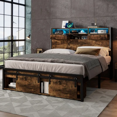 Metal Double Bed with LED Lights and Charging Ports, Black+Natural
