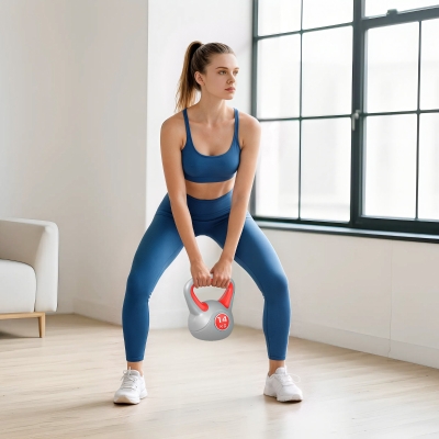 SPORTNOW Kettlebell 14 kg Peso Russo com Revestimento de PU e Enchimento de Areia para Treinamento 26x18x32 cm Vermelho e Cinza