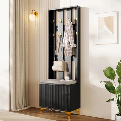Elegant Wardrobe Set with Shoe Bench and Cushion, Black
