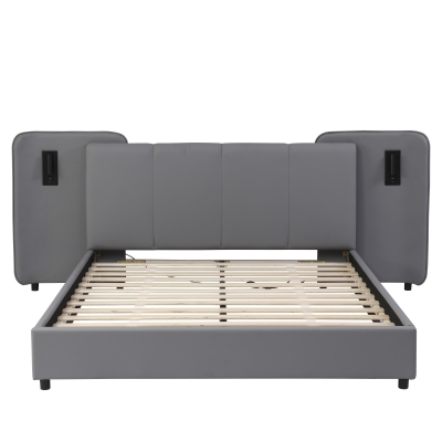 Upholstered Double Bed with Charging Port and Lighting, Grey