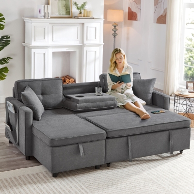 L-Shaped Convertible Sofa Bed with Reversible Chaise, Grey