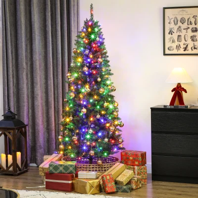 HOMCOM Pom de Crăciun Artificial de 180 cm cu Lumini Incorporate Albe și Colorate în 9 Moduri și 899 Crengi Ignifuge, Brad de Crăciun Dens și Realistic cu Bază Metalică Pliabilă pentru Acasă