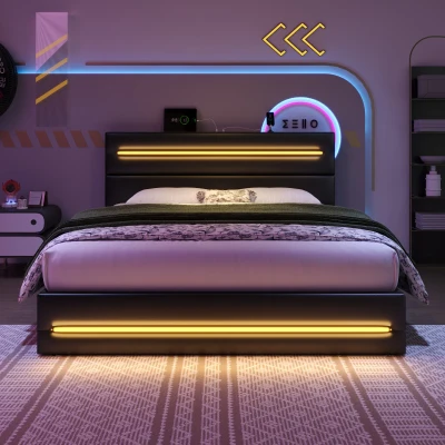 King Upholstered Bed Frame with Hydraulic Storage and LED Lighting, Black