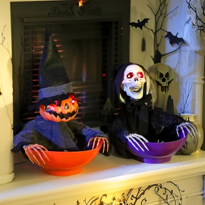 Outsunny Halloween Skull Candy Dish Set with LED Eyes, 2pcs