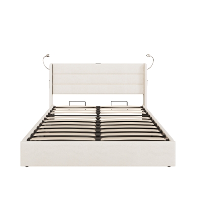 Double Upholstered Bed with Hydraulic Storage, Beige
