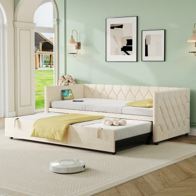 Upholstered Daybed with Charging Station, Beige