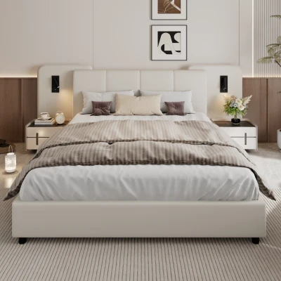 Upholstered Double Bed with Charging Port and Lighting, Beige