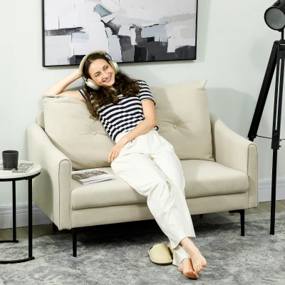 HOMCOM Canapea cu 2 Locuri din Catifea cu Spătar Matlasat și Pernă Detașabilă, Canapea Compactă Modernă cu Picioare din Metal pentru Sufragerie, 124x73x92 cm, Crem
