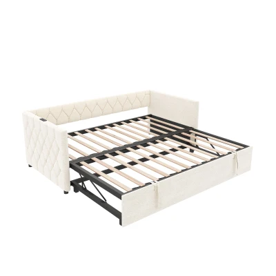 Upholstered Daybed with Charging Station, Beige
