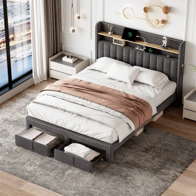 Double Upholstered Bed with Storage Drawers, Grey