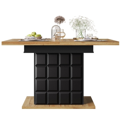 Telescopic Extendable Dining Table with Checked Pattern, Black+Natural