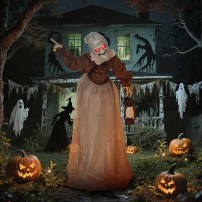 Outsunny 150 cm Halloween Decoratie Halloween Heks met LED-Lichten, Geluidsfunctie verstelbare armen, hoofd