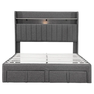 Double Upholstered Bed with Storage Drawers, Grey