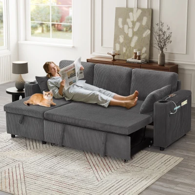 3-in-1 Convertible Corduroy Sofa Bed with Chaise and Charging Station, Grey