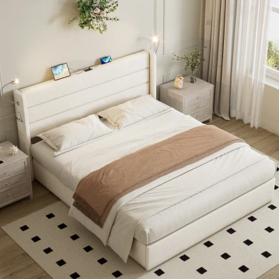 Double Upholstered Bed with Hydraulic Storage, Beige