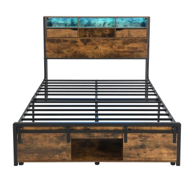 Metal Double Bed with LED Lights and Charging Ports, Black+Natural